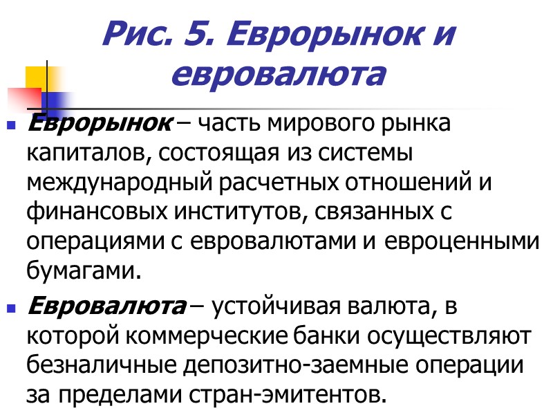 Рис. 5. Еврорынок и евровалюта Еврорынок – часть мирового рынка капиталов, состоящая из системы Рис. 5. Еврорынок и евровалюта Еврорынок – часть мирового рынка капиталов, состоящая из системы